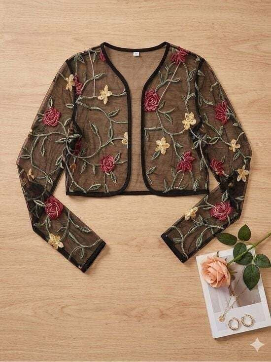 Embroidered Sheer Floral Cropped Cardigan - Black with Red & Gold Flowers Large