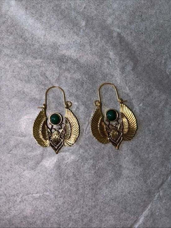 Gold Winged Scarab Earrings with Green Gemstone - Women Jewelry