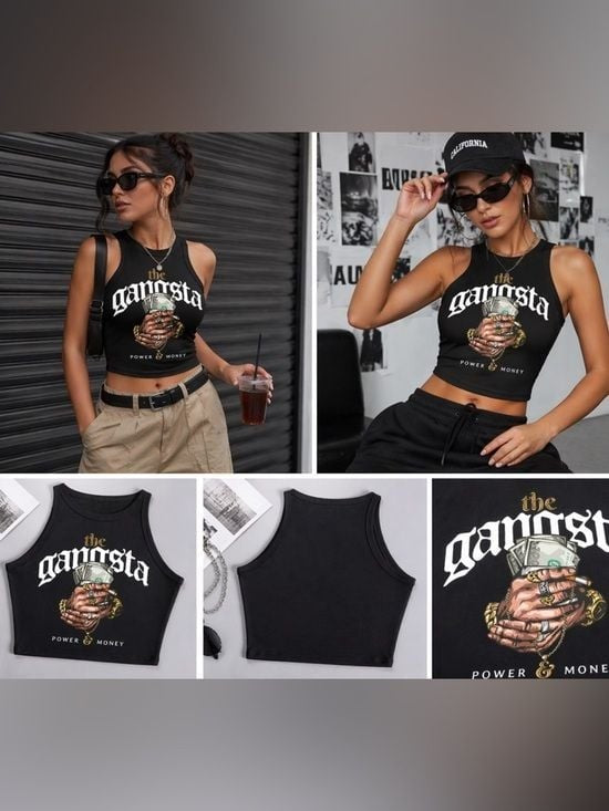 Black Graphic Crop Tank Top with 'The Gangsta' Print