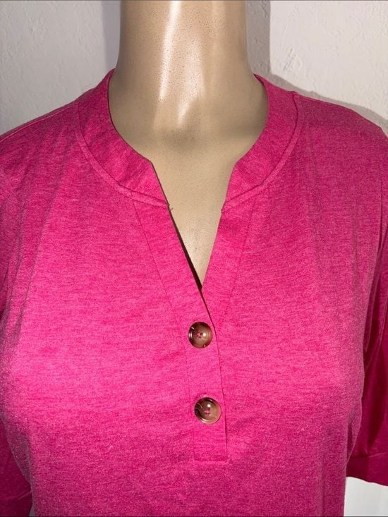 Women's Hot Pink Henley 3/4 Sleeve Top Button Detailed Top Medium