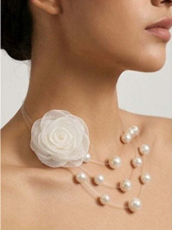 Coquette Organza Rose & Floating Pearl Choker Necklace NWT