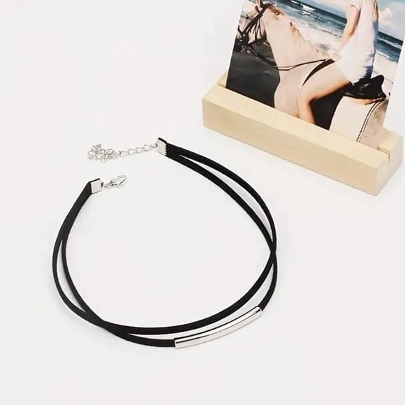 90s Vibe Double-Layer Black Leather Choker with SILVER Accent