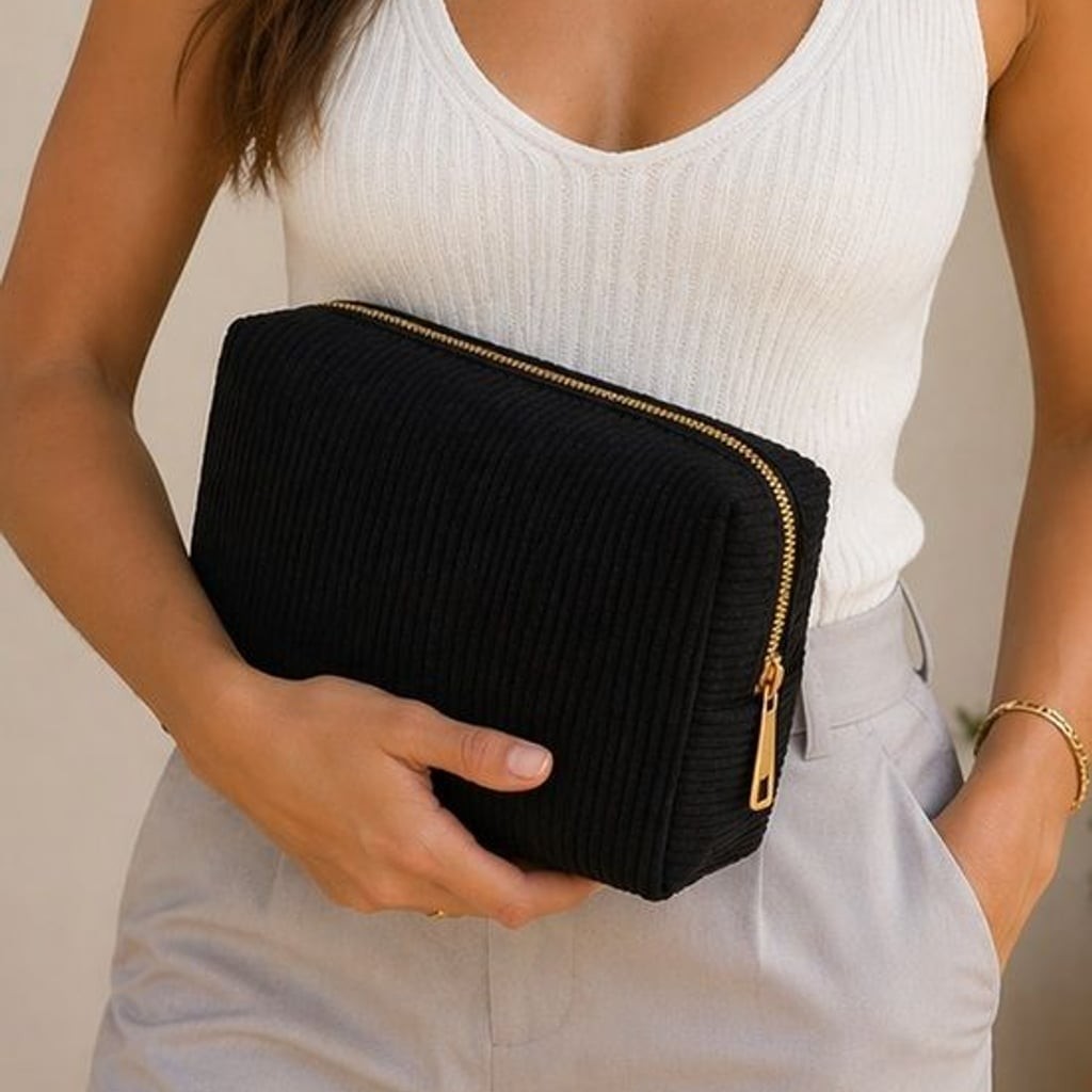 Classic Corduroy Wristlet Clutch - Elegant Black with Gold Zip