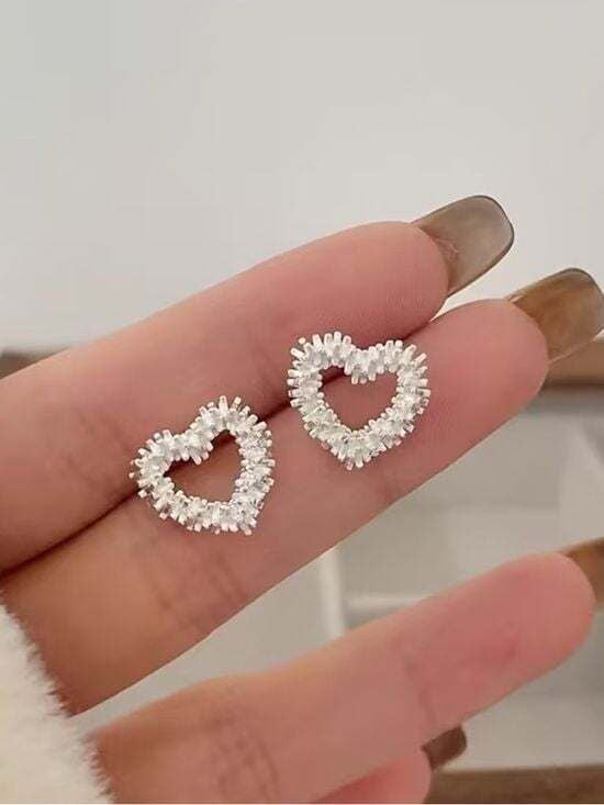 Silver Heart Halo Stud Earrings with Clear Crystals