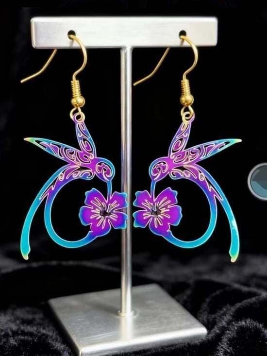 Pink & Teal Flat Metallic Drop Earrings