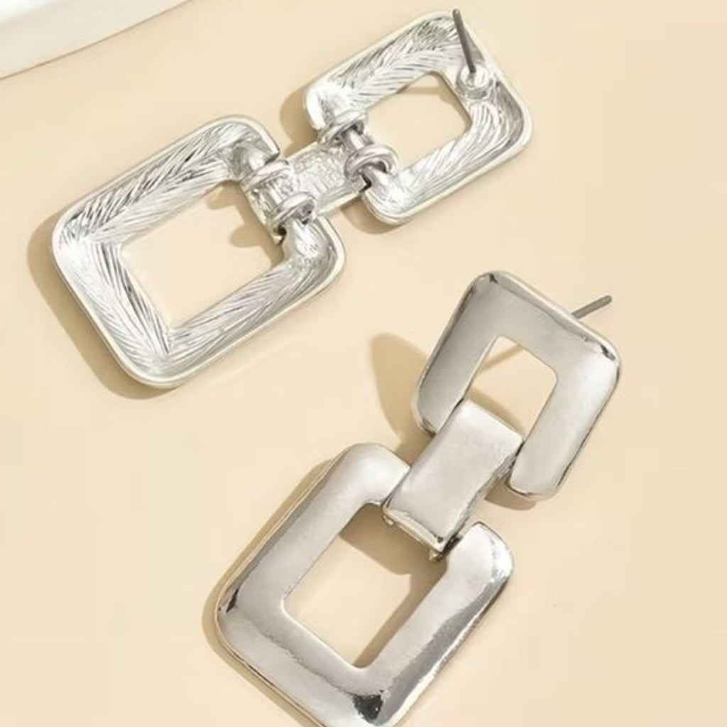 Modern Sculptural Silver Geometric Linked Dangle Earrings