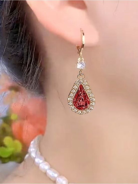 Gold Teardrop Red Crystal Dangle Earrings - Women Jewelry