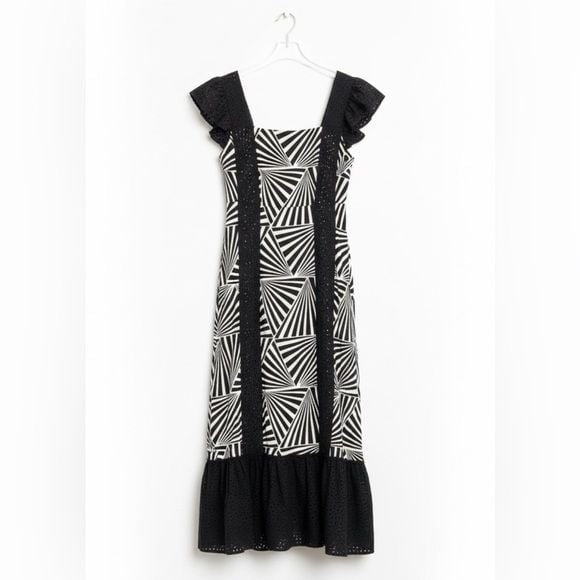 MAISIE Embroidered Chic Black and White Geometric Maxi Dress Sz XS
