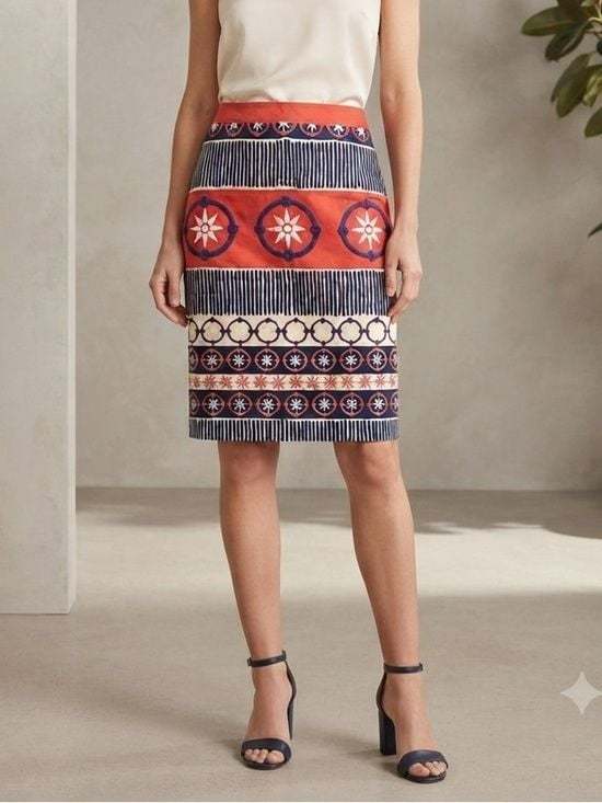 Boden Red, Navy and Cream Patterned Midi Skirt