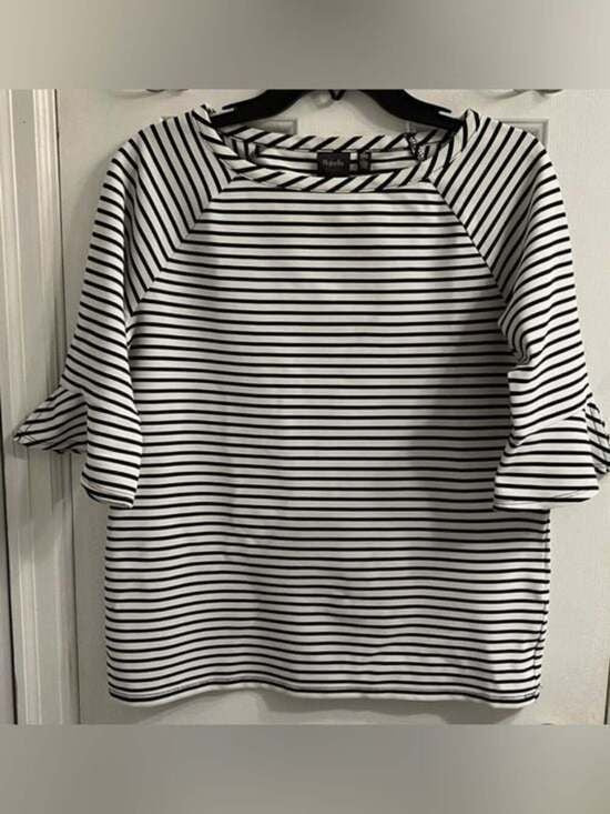 Rafaella Black White Striped Boatneck Bell Sleeve Blouse Top Sz L Small