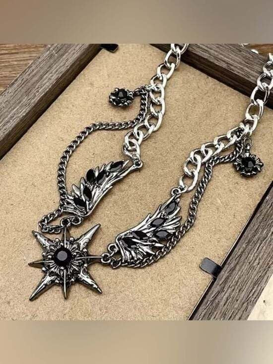 Layered Black Star and Wing Pendant Necklace