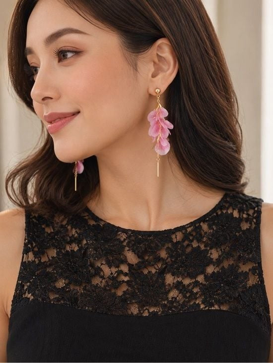 Gold-Tone Pink Floral Petal Drop Earrings - Women's Jewelry
