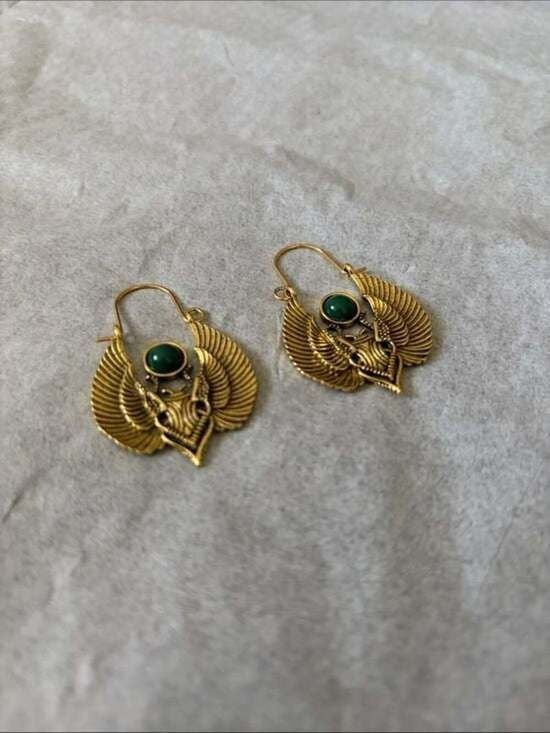 Gold Winged Scarab Earrings with Green Gemstone - Women Jewelry