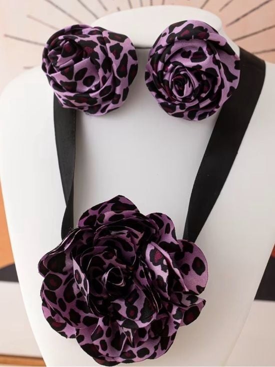 Purple Leopard Jewelry Set Floral Choker Necklace & Rose Bud Earrings
