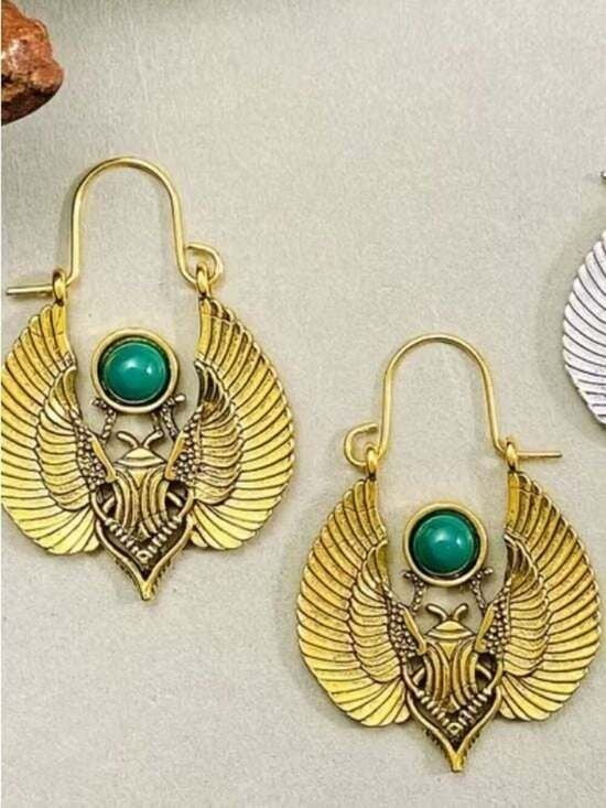Gold Winged Scarab Earrings with Green Gemstone - Women Jewelry
