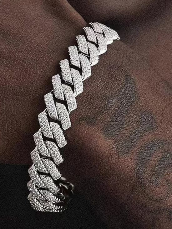 Men's Cuban Link Bracelet in Silver with Pavé Crystals