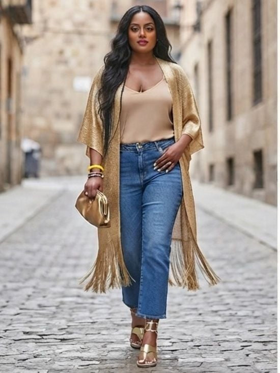 Gold Metallic Fringe Kimono Cardigan Women’s Beach Cover-Up One Size