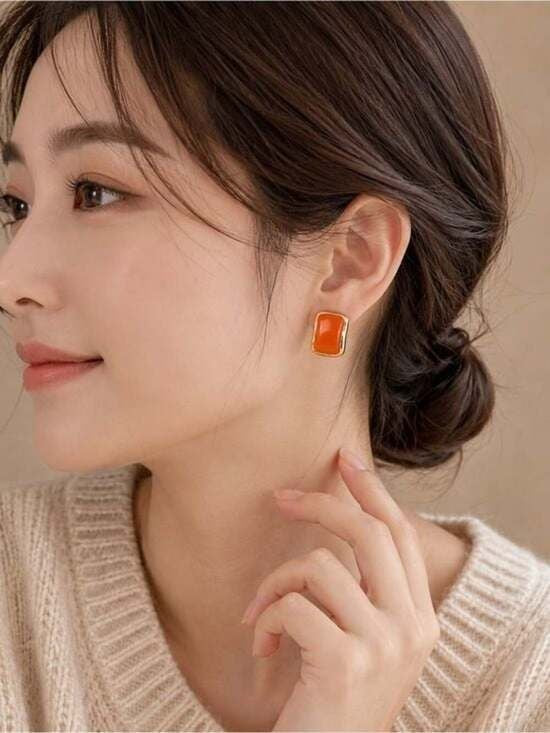 Gold-Trim Orange Rectangle Stud Earrings