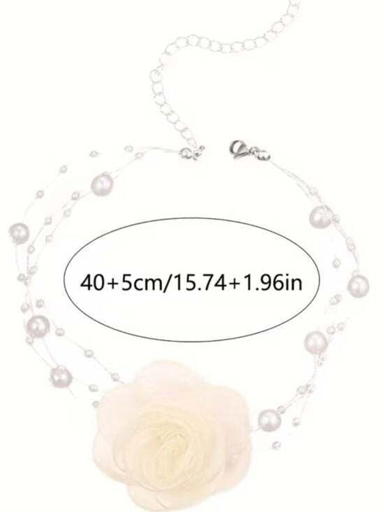 Coquette Organza Rose & Floating Pearl Choker Necklace NWT