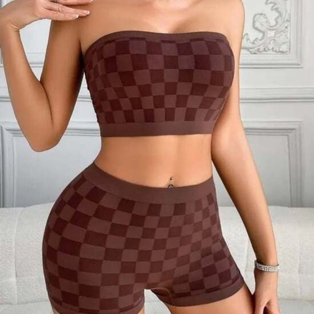 Seamless Checkerboard Strapless Crop Top in Brown