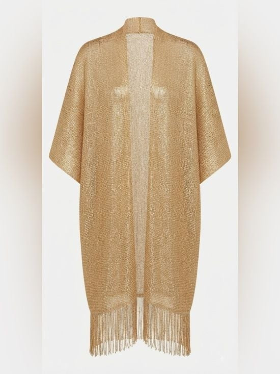 Gold Metallic Fringe Kimono Cardigan Women’s Beach Cover-Up One Size