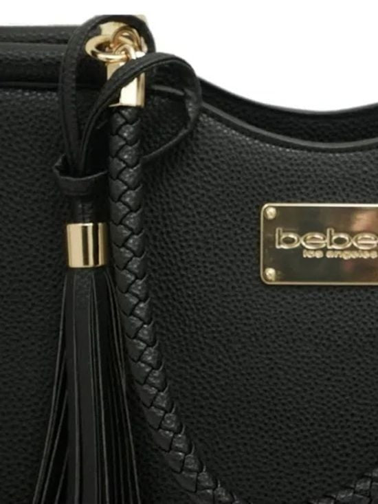 bebe Black Satchel with White Braided Handles and Gold Hardware