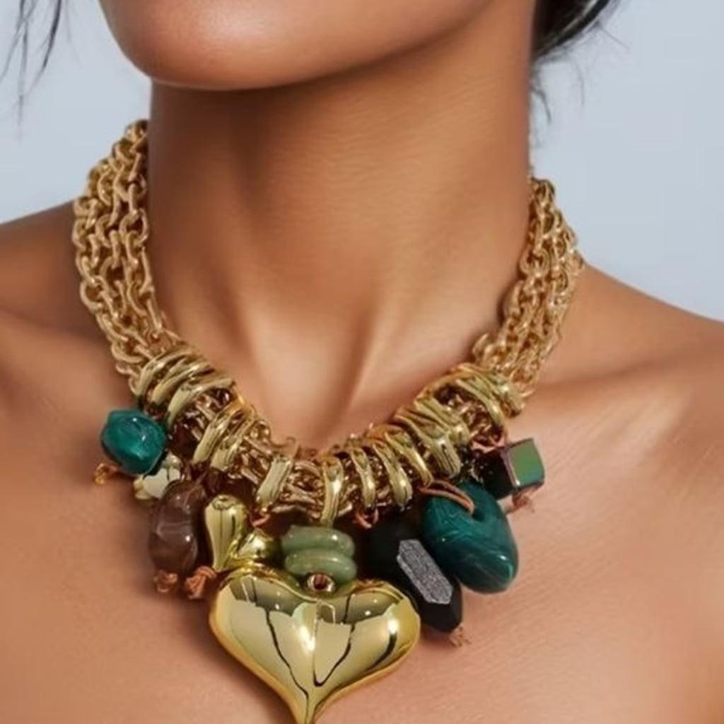 Gold Heart Charm Necklace with Green Stone Accents - Women Jewelry