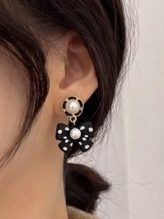 Black White Polka Dot Bow Drop Earrings with Pearl Detail