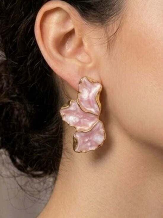 Elegant Pink Shell Petal Drop Earrings - Gold Trim