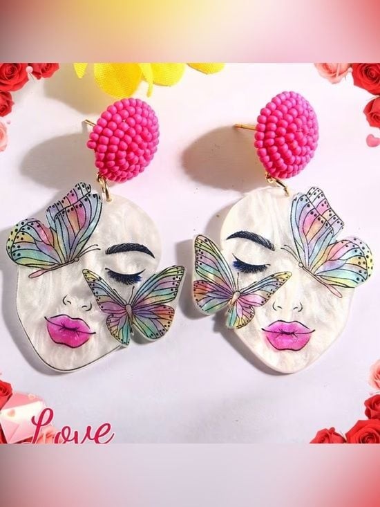Pink Beaded Stud Face & Butterfly Drop Earrings