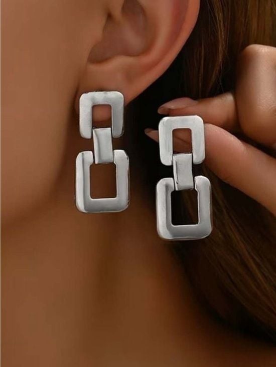 Polished Silver Double-Link Drop Earrings - Women Jewelry