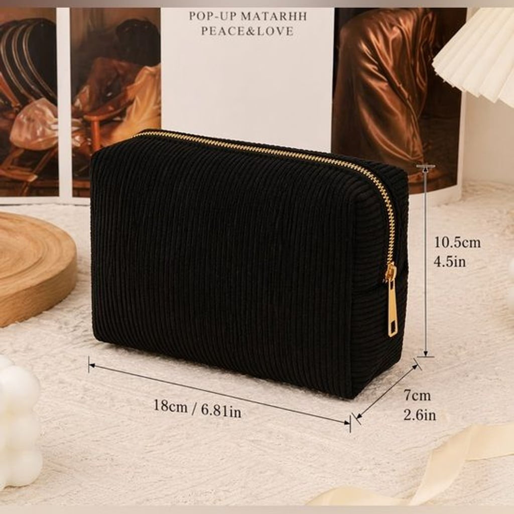 Classic Corduroy Wristlet Clutch - Elegant Black with Gold Zip