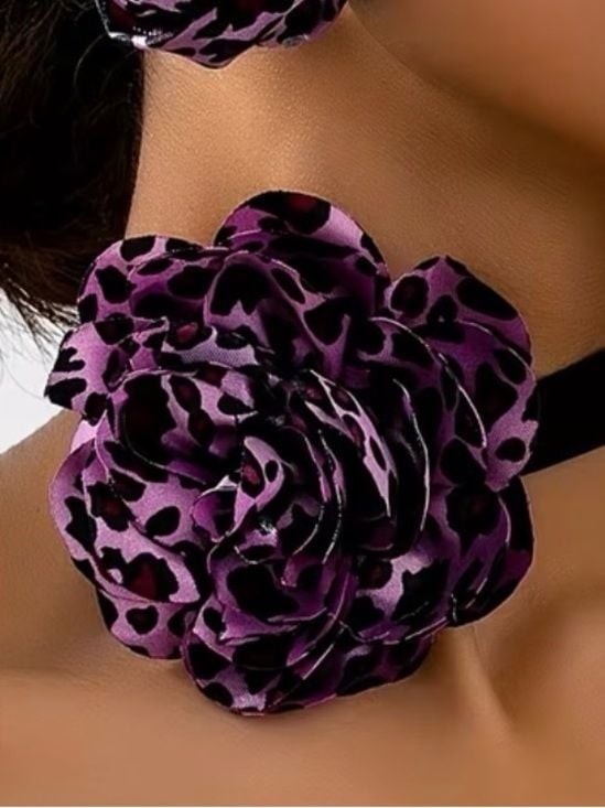 Purple Leopard Jewelry Set Floral Choker Necklace & Rose Bud Earrings