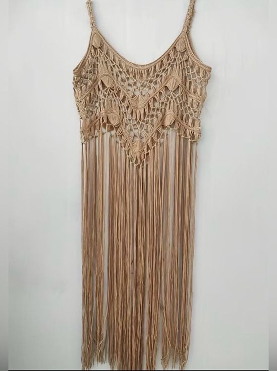 Beige Crochet Fringe Mini Dress Cover-Up Tan OS
