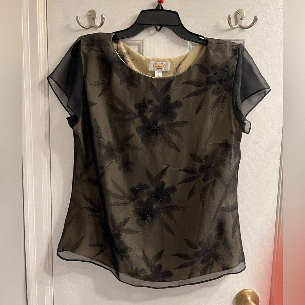 Just In! Talbots Petites Elegant Black Sheer Floral Beaded Blouse - Size 12P