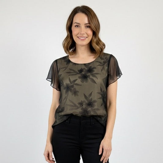 Just In! Talbots Petites Elegant Black Sheer Floral Beaded Blouse - Size 12P