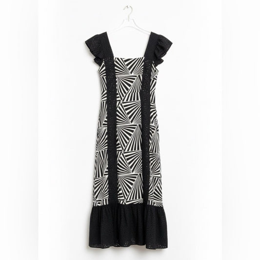 MAISIE Embroidered Chic Black and White Geometric Maxi Dress Sz XS