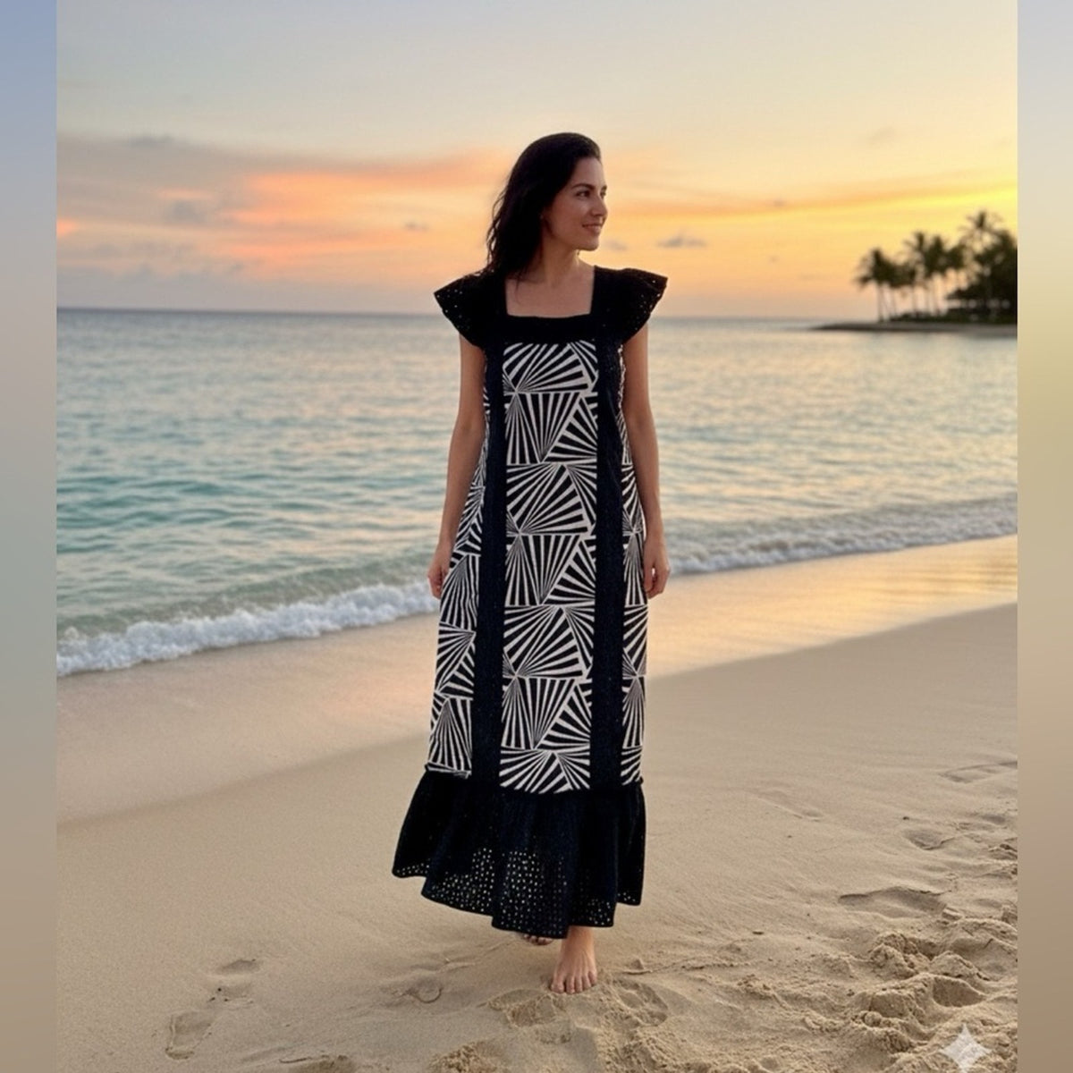 MAISIE Embroidered Chic Black and White Geometric Maxi Dress Sz XS