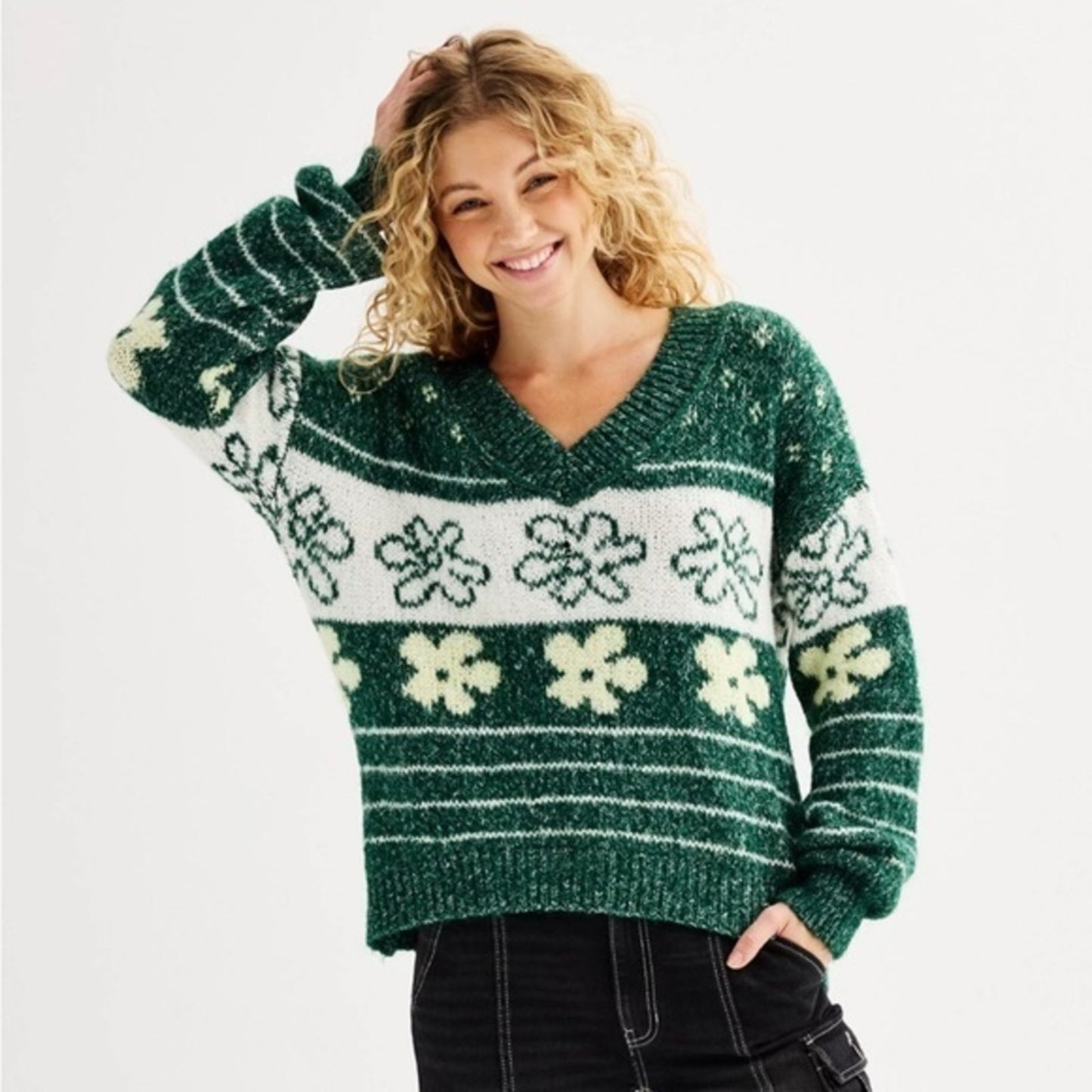 Last One! NWT SO Green Daisies V-Neck Plush Sweater S