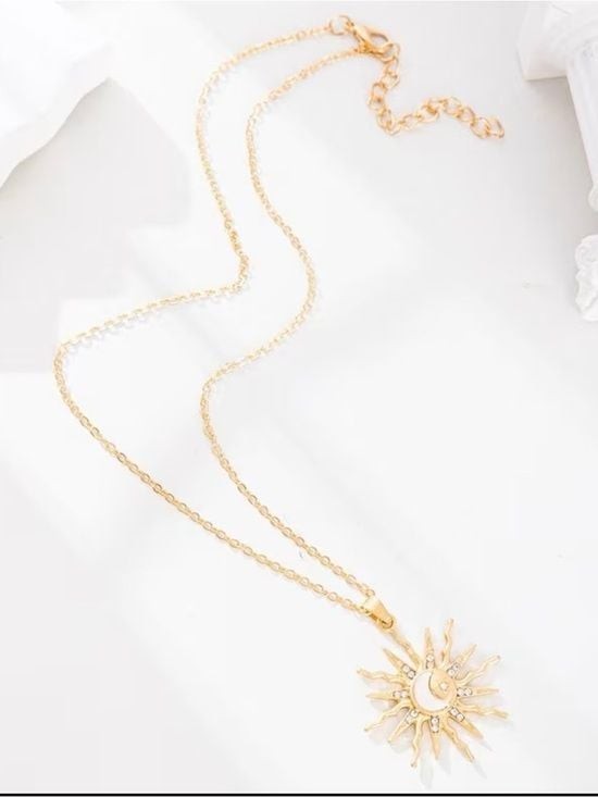 Gold Sun & Crescent Moon Pendant Necklace with Mother-of-Pearl Accent
