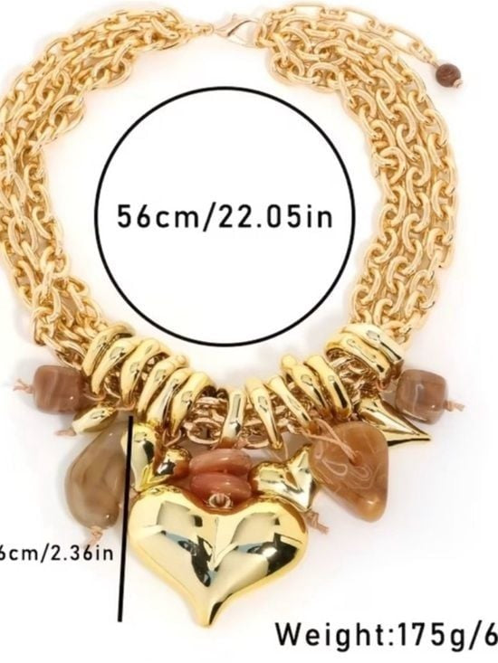 Statement Gold Multi-Chain Heart Pendant Necklace | Chunky Charm Bib Necklace