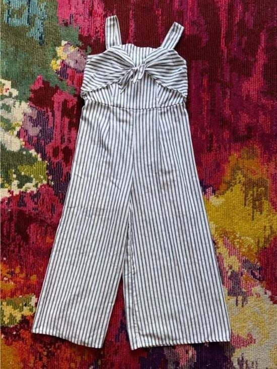 Girls Sz 10 Striped White and Grey Wide-Leg Jumpsuit