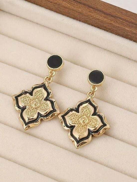 Stunning Cross Gold and Black Floral Drop Earrings