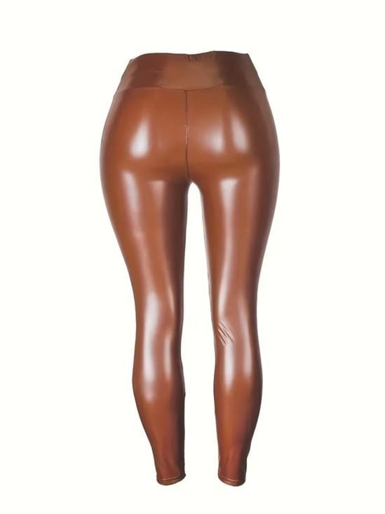 Fitted High Waist Brown Faux Leather Leggings High-Rise Small