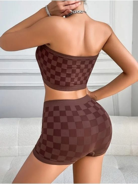 Seamless Crop & Shorts Set - Top in Brown Sz M Plaid