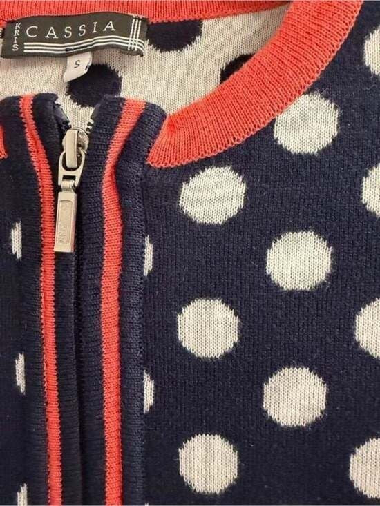 Kris Cassia Navy and White Polka Dot Zip Jacket with Coral Trim Small