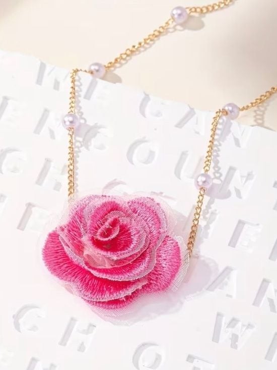 Gold-Plated Choker Necklace with Faux Pearls and Fabric Rose