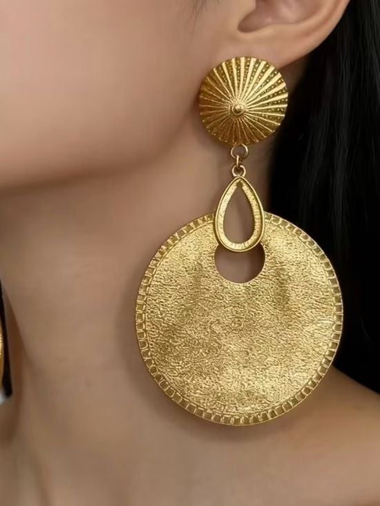 Textured Gold Drop Circle Earrings for Women