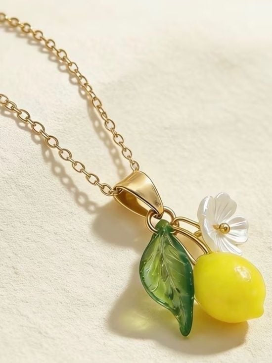 Gold-Tone Lemon and Flower Charm Pendant Necklace