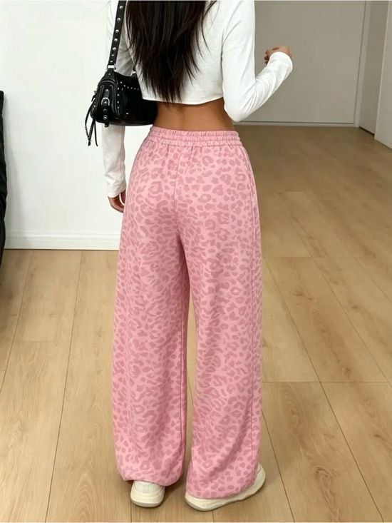 Shimmer Pink Leopard-Print Wide Leg Lounge Pants Large